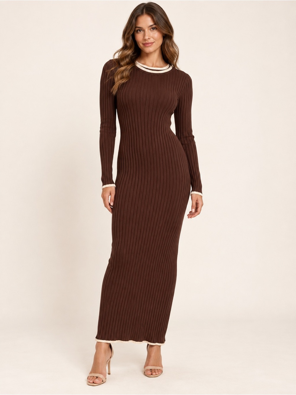 Fashion Nova Chocolate Brown Ribbed Long Sleeve Maxi Dress size M